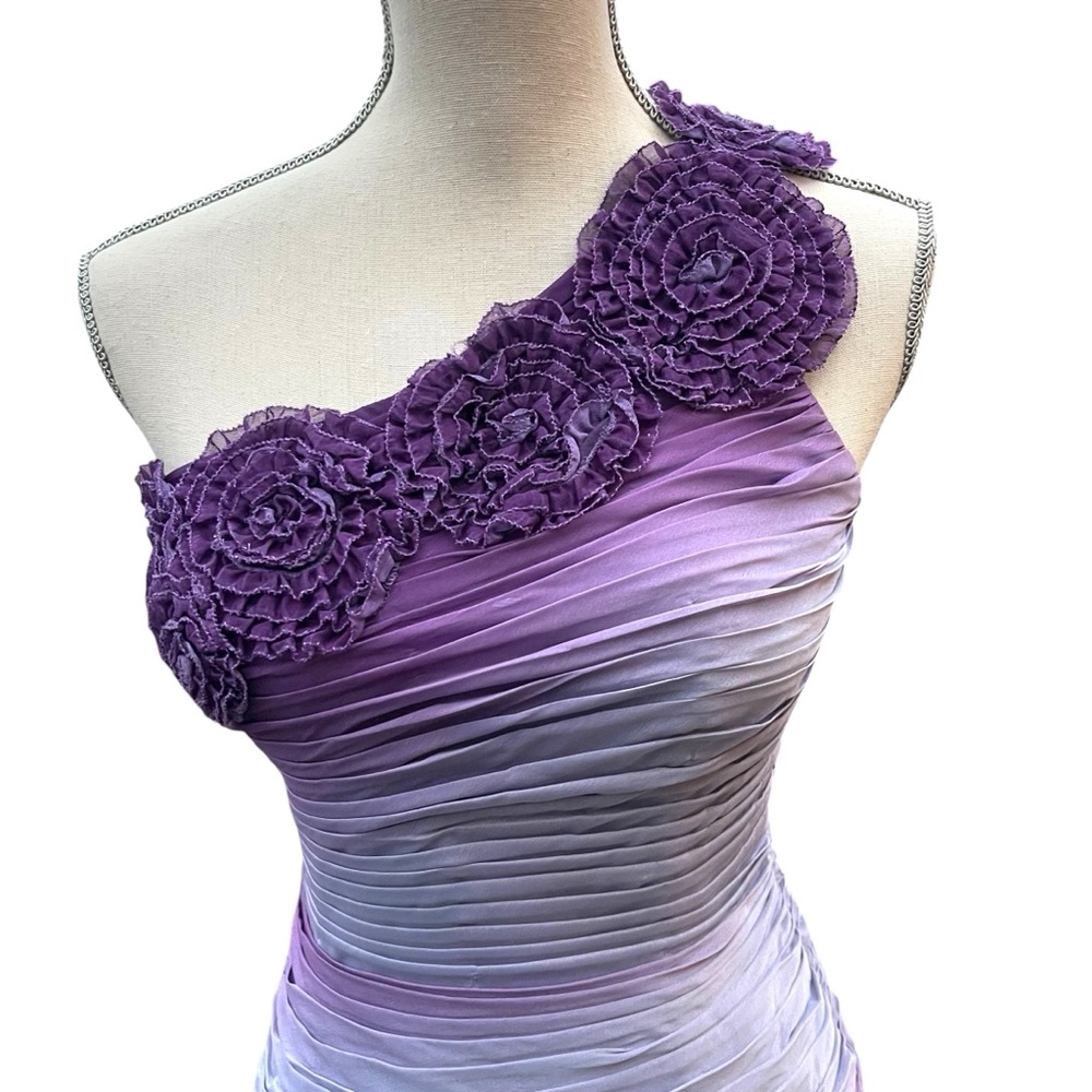 Adrianna Papell Purple Ombre One Shoulder Rosette Shutter Pleat Dress (6/8) - Picture 5 of 15
